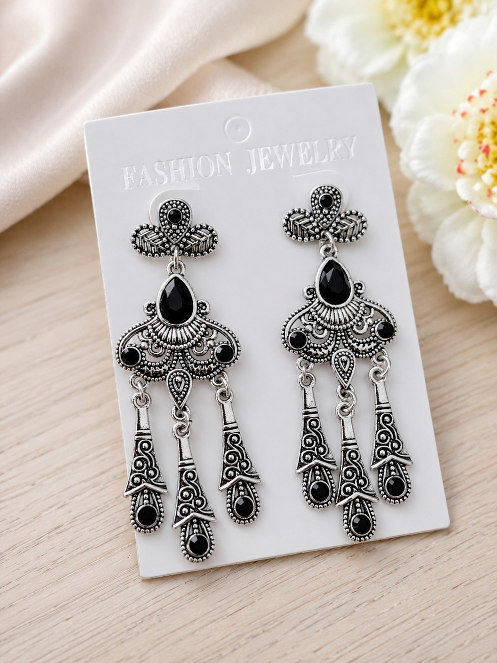 Fashion Jewelry Silver-Tone Black Dangle Chandelier Earrings